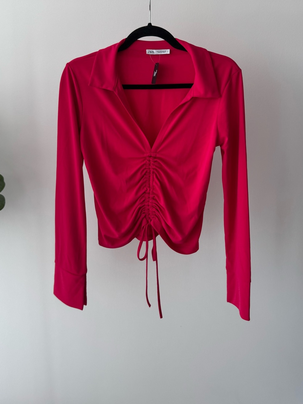 Zara Bright Pink Ruched Drawstring Long Sleeve Top